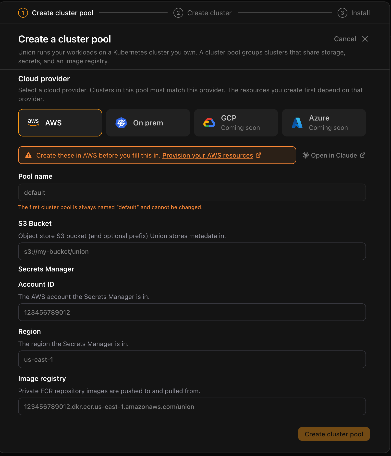 The Create a cluster pool form on the AWS tab, with S3 bucket, Secrets Manager account ID and region, and image registry fields